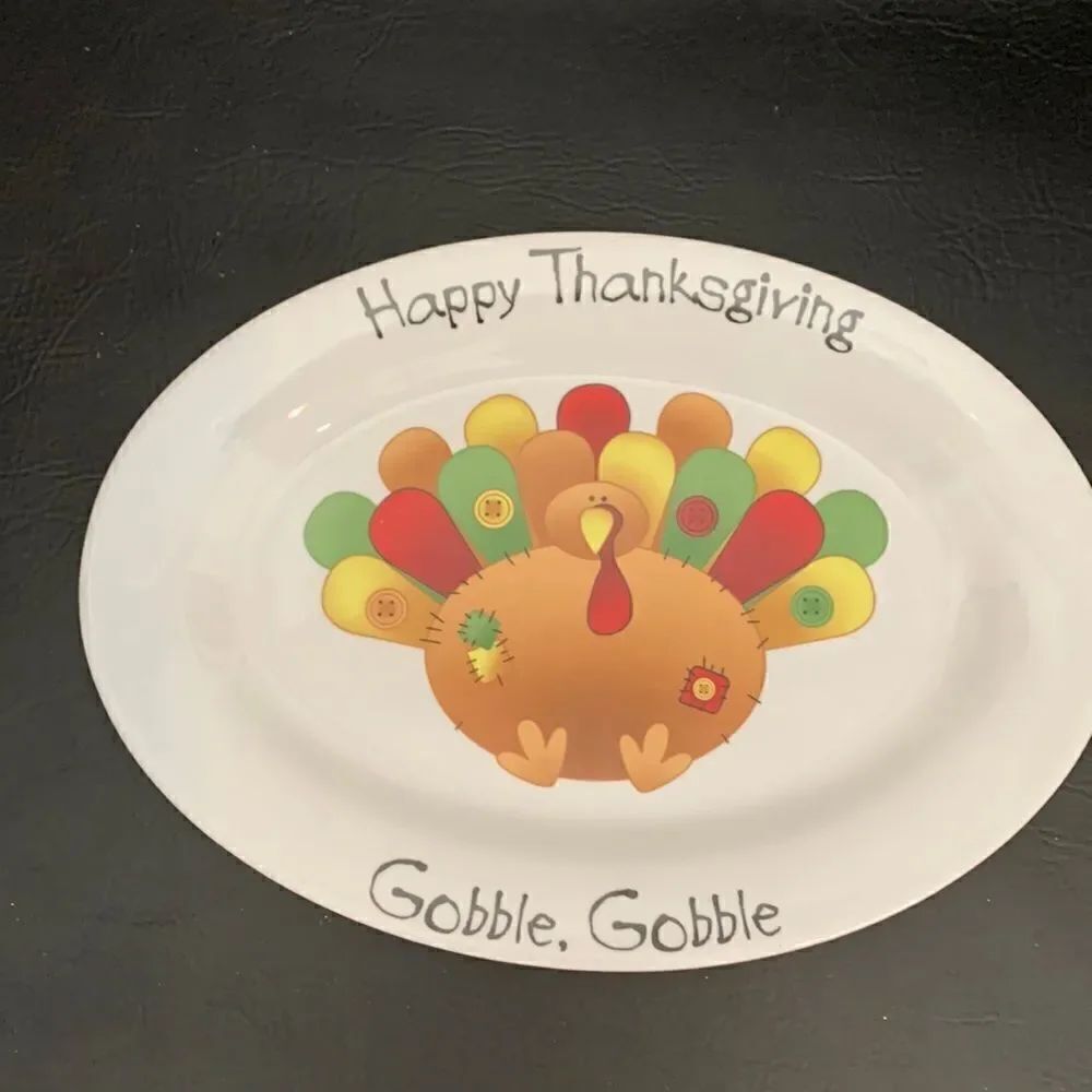 Happy Thanksgiving Gobble Gobble Turkey Serving Large White Ceramic Oval Platter
